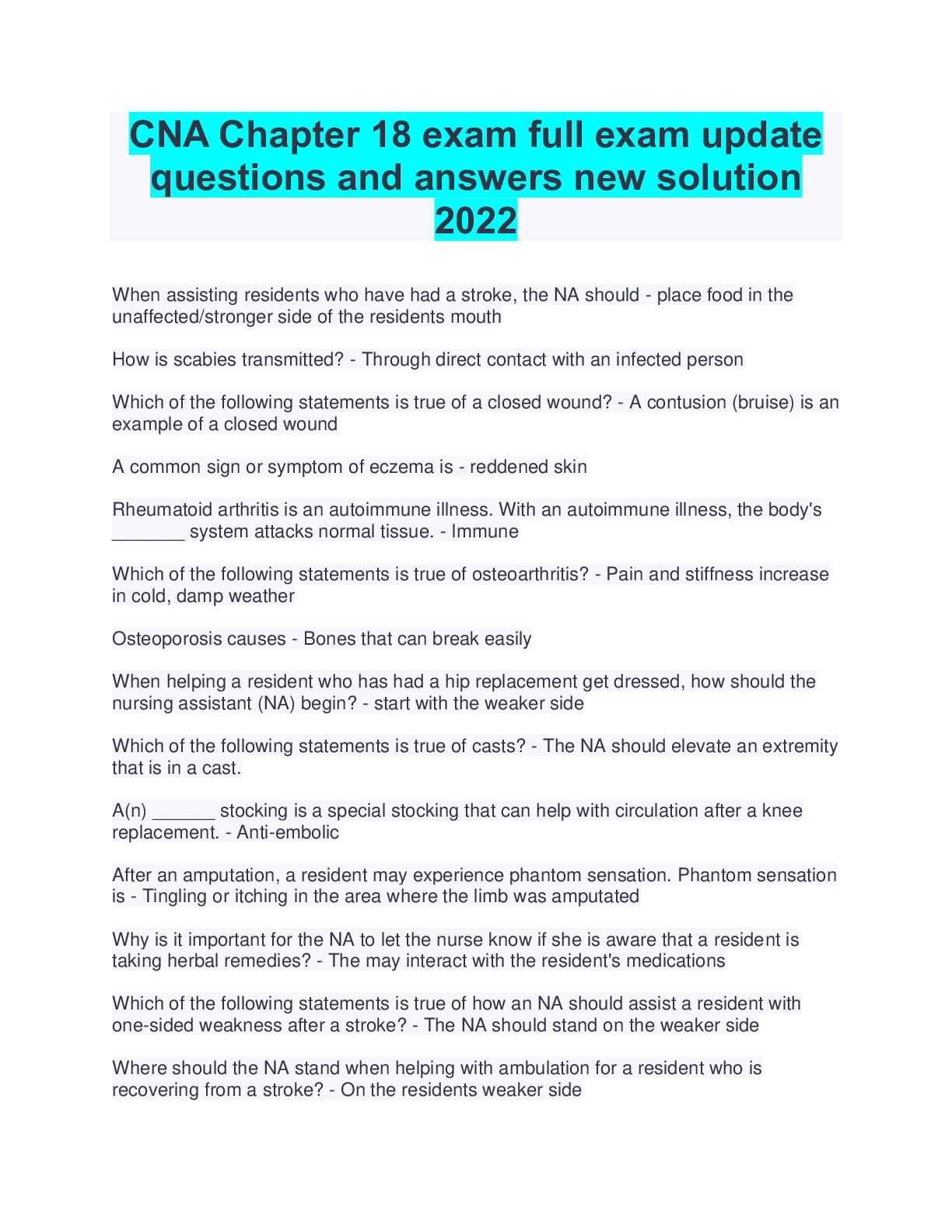 Preview image for CNA Chapter 18 exam full exam update  questions and answers new solution 2022